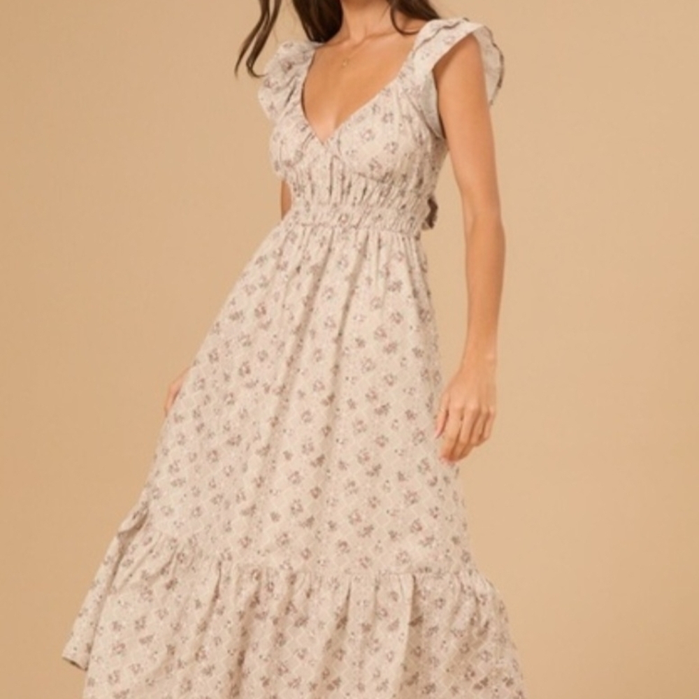 Altar D State Floral Maxi Dress Beige Ruffle Sleeve Cottagecore Prairie Dress - Picture 4 of 14
